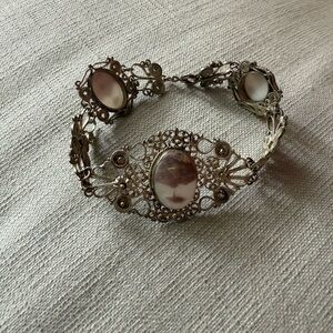 Antique Elegant Silver Filigree Bracelet with carved shell